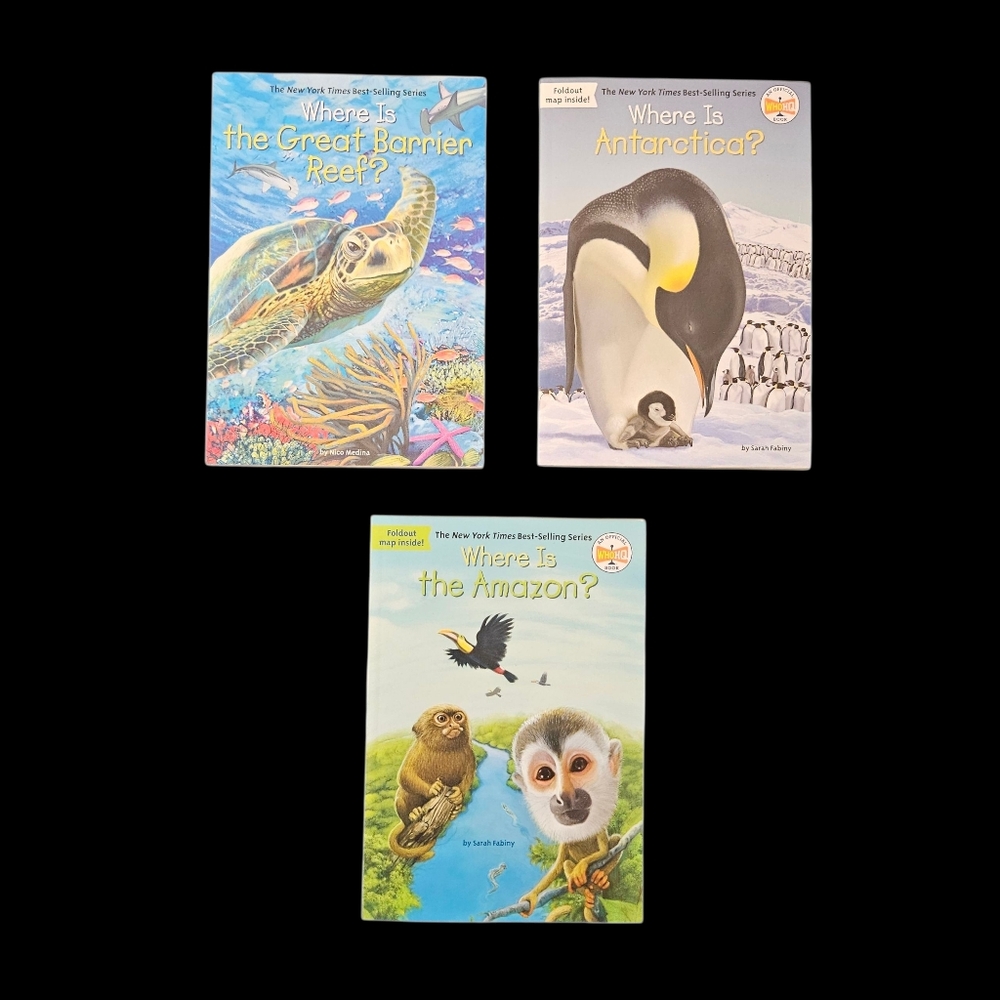 3 "Where is" books for Great Barrier Reef, Antarctica, Amazon